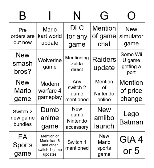 Nick direct 9/9 Bingo Card