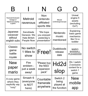 Nintendo Direct 9/9 (Alex’s version) Bingo Card