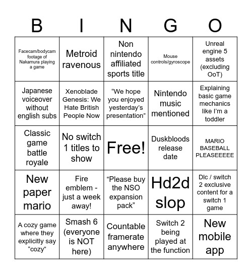 Nintendo Direct 9/9 (Alex’s version) Bingo Card