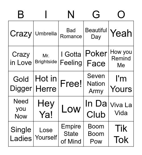 2000s Game 1 Bingo Card