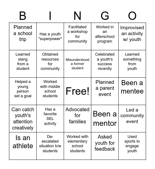 LES S.T.A.R. Staff Orientation Bingo Card