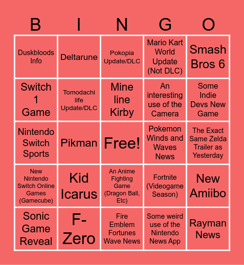 Nintendo Direct Bingo Card