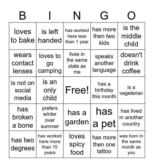 Get to Know A Co-Worker Bingo Card