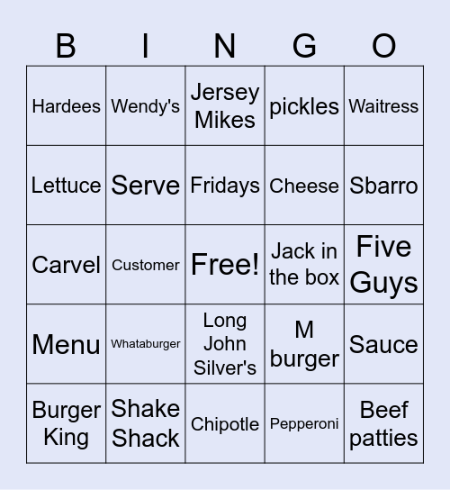 Fast Food Bingo Card