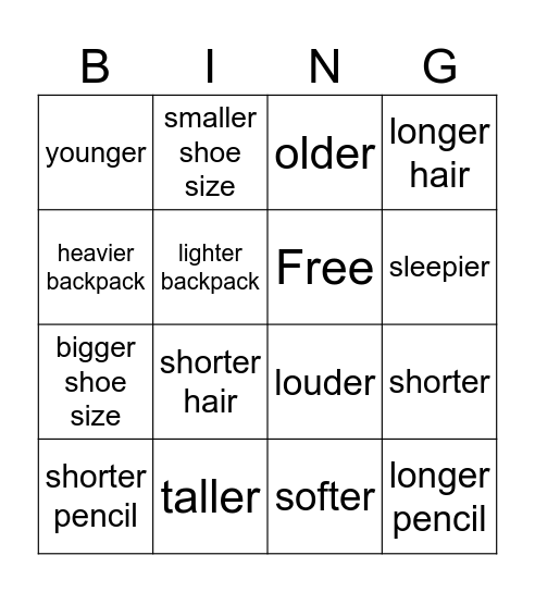 Comparative Adjective Bingo Card