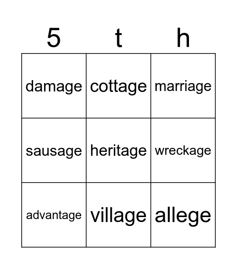 Spelling List 1 Bingo Card