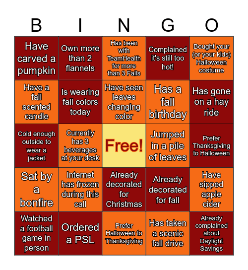 Fall at TeamHealth Bingo Card