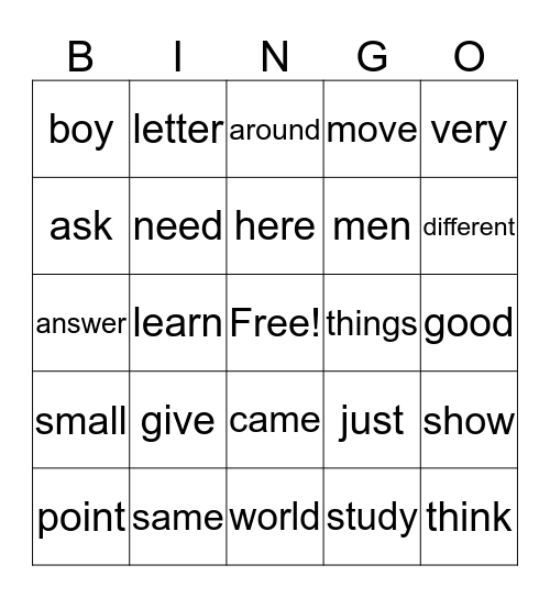 Sight Words - 3 Bingo Card