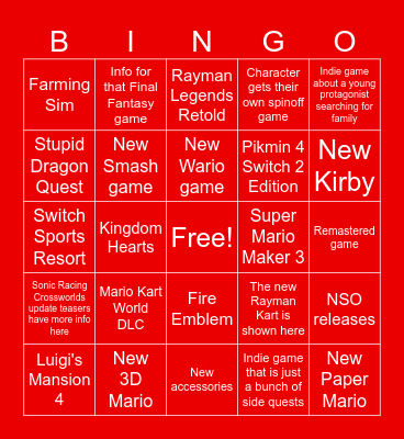 Nintendo Direct Bingo Card