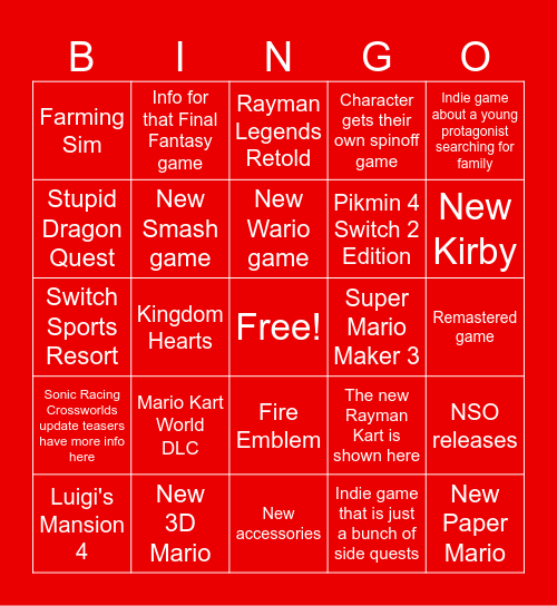 Nintendo Direct Bingo Card