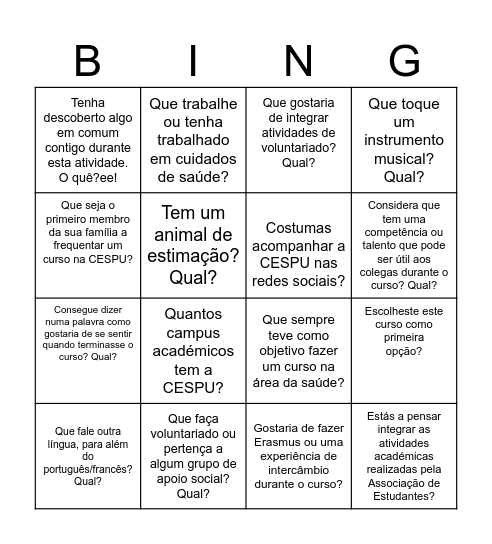 Bingo de Boas-Vindas — Conhece os teus colegas Bingo Card
