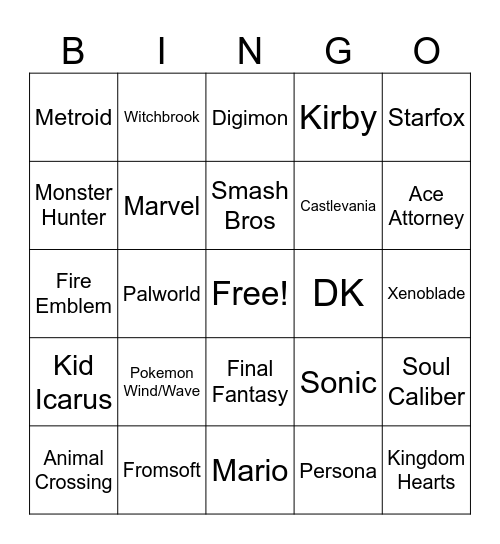 Kikory's Nintendo Direct Bingo Card