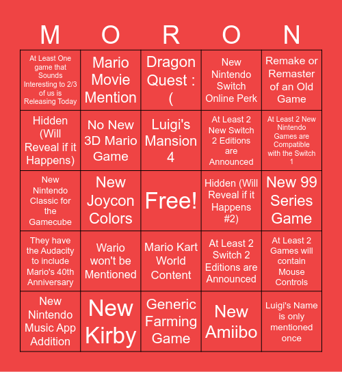 Nintendo Direct Bingo Card