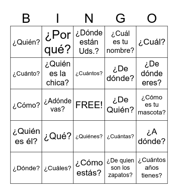 Question Words Bingo Card