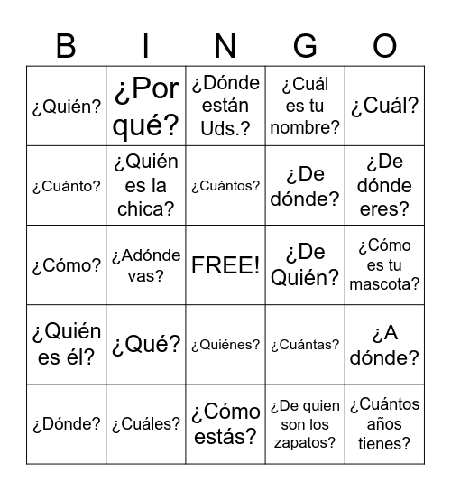 Question Words Bingo Card
