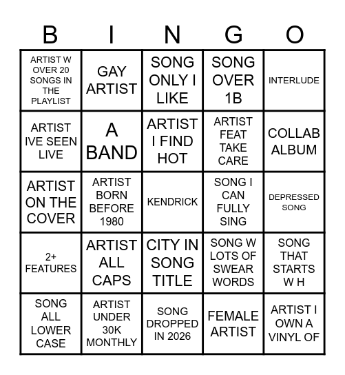 PLAYLIST BINGO Card