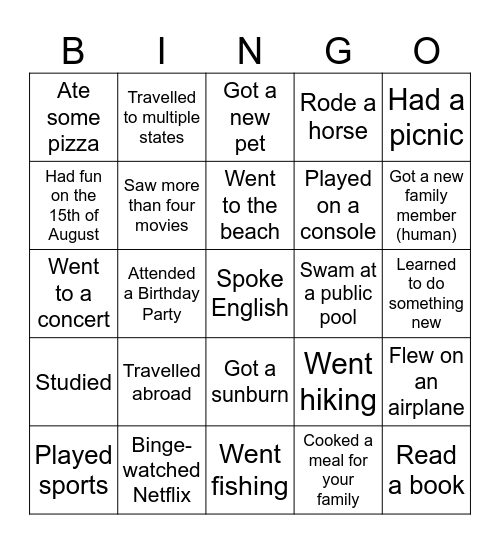 What I Did on My Summer Vacation Bingo Card