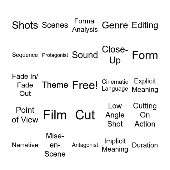 Intro To Film As Literature Bingo Card