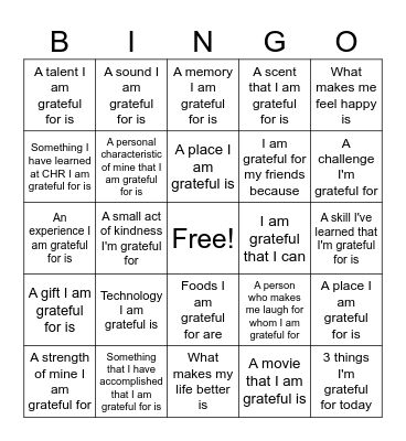 Gratitude List Bingo Card