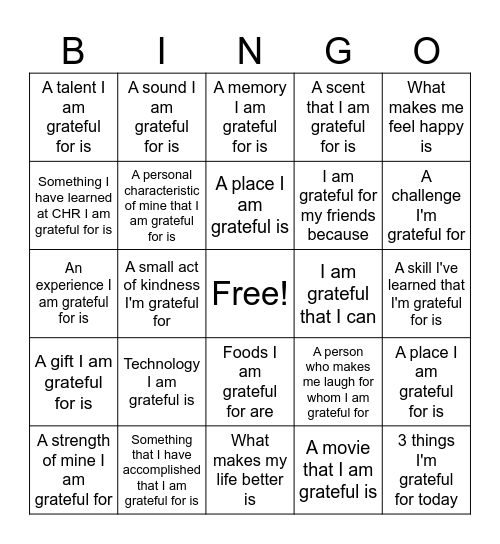 Gratitude List Bingo Card