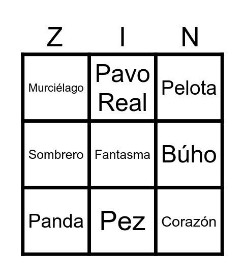 Spanish Zingo board Bingo Card