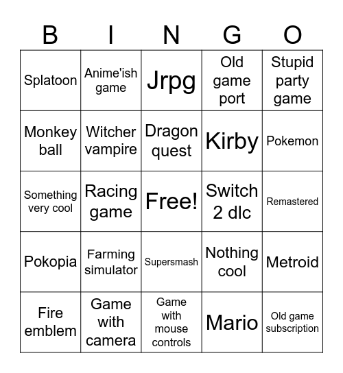 NINTENDO DIRECT Bingo Card