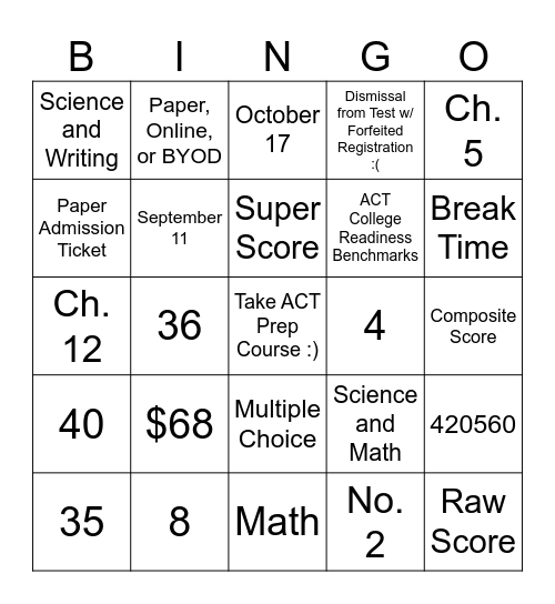 ACT Prep BINGO Card