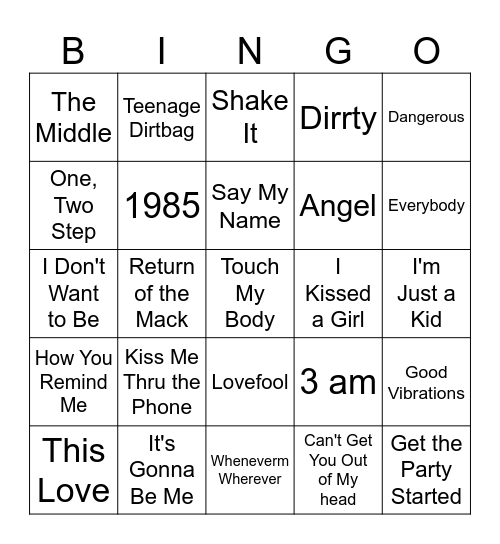 Millennial Music Bingo #1 Bingo Card