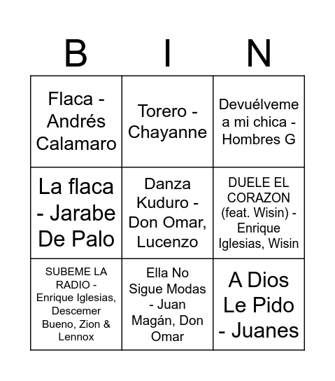 Untitled BComo Camarón - Estopa  Por la Raja de Tu Falda - Estopa  Devuélveme a mi chica - Hombres G  Voy a pasármelo bien - Hombres G  Venezia - Hombres G  Chiquilla - Seguridad Social  La Madre de Jose - El Canto Del Loco  Salta!!! - Tequila  Princesas Bingo Card