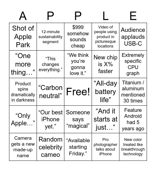 Apple Keynote Bingo Card