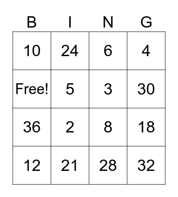 Multiplication and Division Bingo Card