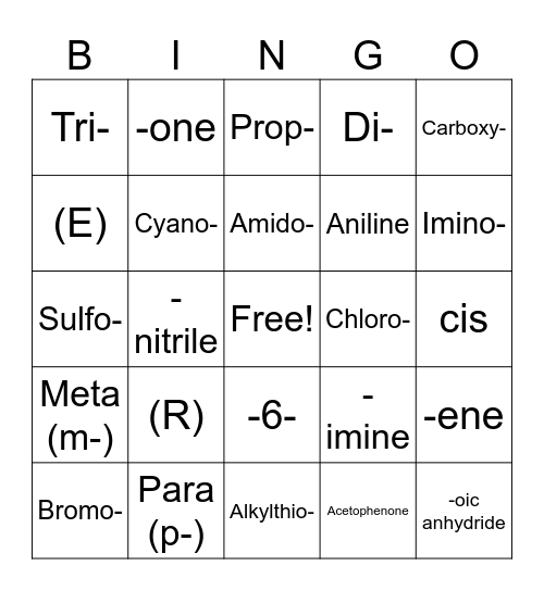Organic II Nomenclature Bingo Card