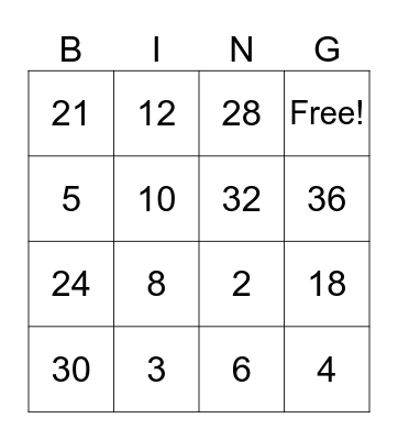 Multiplication and Division Bingo Card