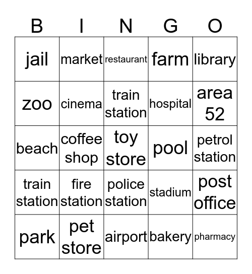 Places Around Town Bingo Card