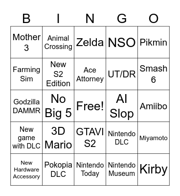Nintendo Direct 10/9/26 Bingo Card