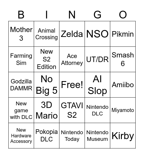Nintendo Direct 10/9/26 Bingo Card
