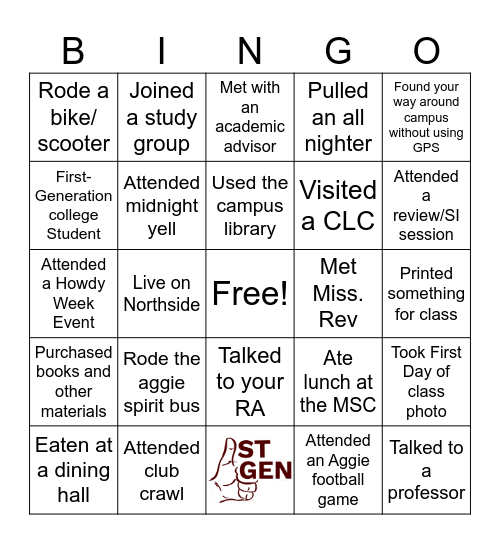 First-Gen Welcome Social Bingo Card