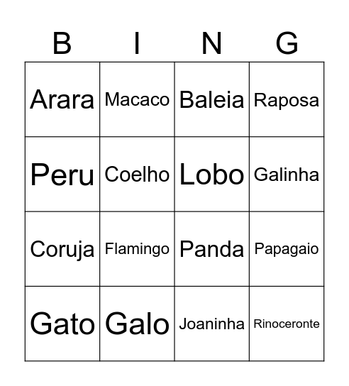 Animais Bingo Card