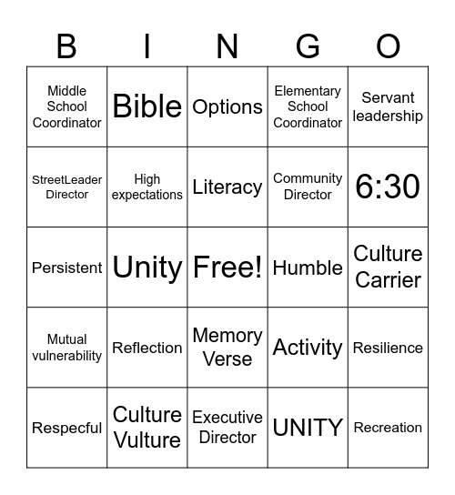 StreetLeader Expectations BINGO Card
