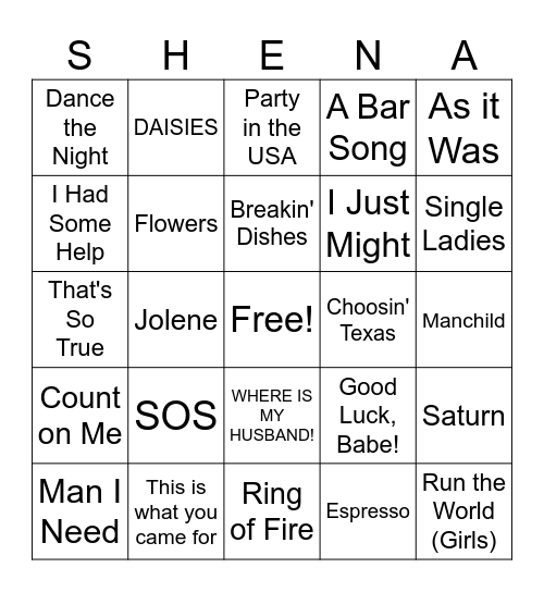 Shena Bingo Card
