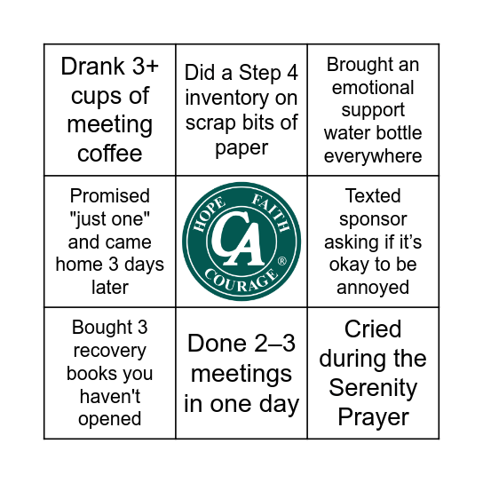 Recovery Bingo Card
