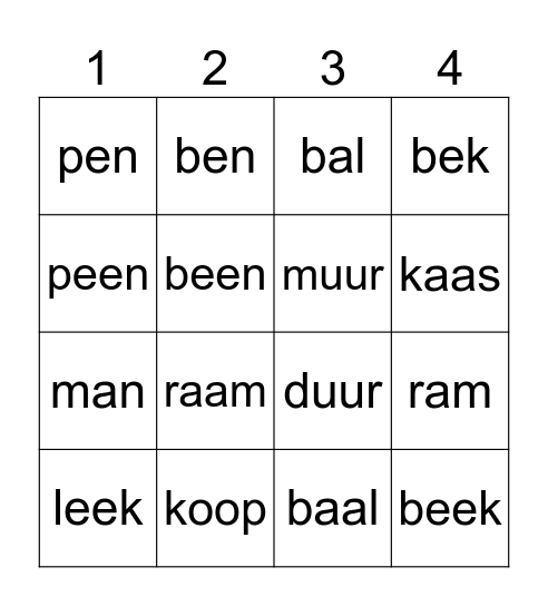 korte en lange klanken Bingo Card