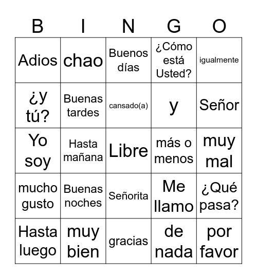 Saludos y Cortesía Bingo Card
