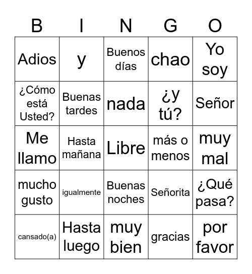 Saludos y Cortesía Bingo Card