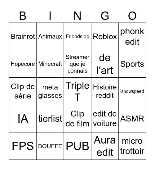 Youtube shorts Bingo Card