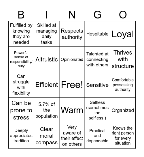 MBTI Bingo (ESFJ) Bingo Card