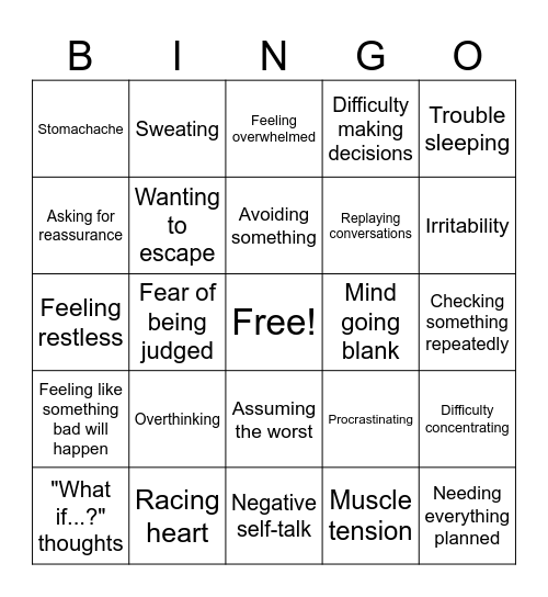 Anxiety Bingo Card
