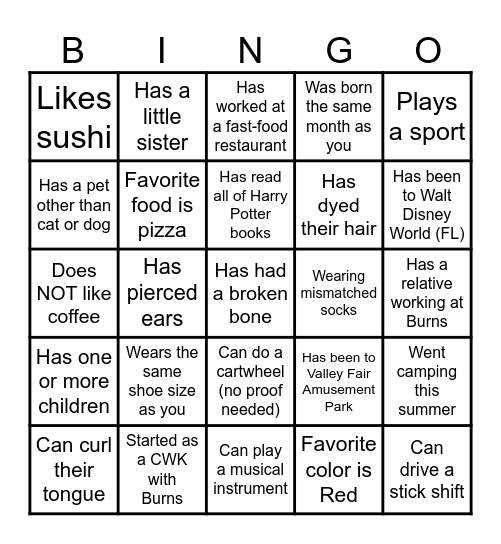 GFS / A&F Happy Hour BINGO Card