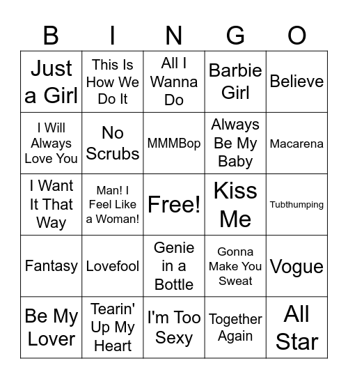90's POP Bingo Card