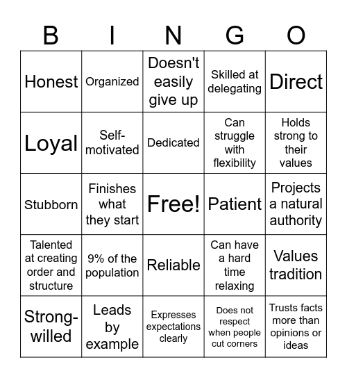 MBTI Bingo (ESTJ) Bingo Card